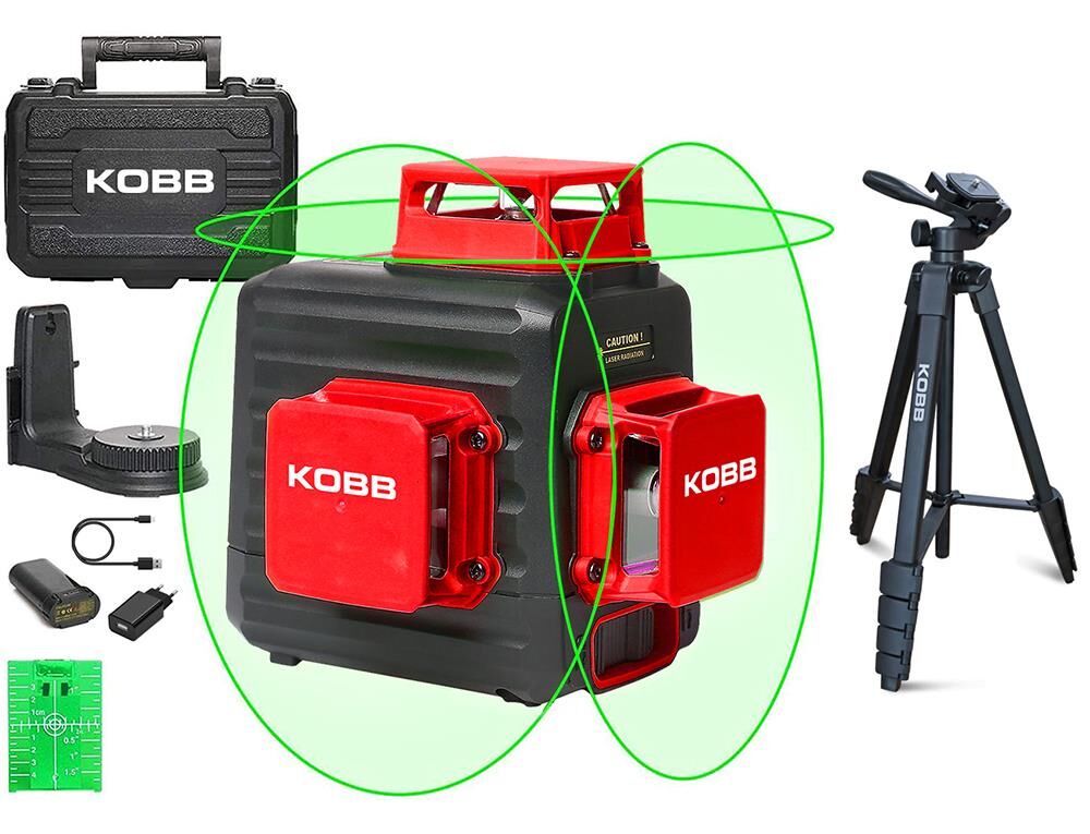 KOBB KBL34GTP 40 Metre Profesyonel Li-ion Şarjlı 3X360⁰ Otomatik Hizalamalı Yeşil Çapraz Çizgi Lazer Distomat+Tripod