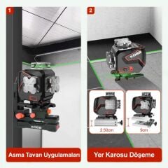 KOBB KBL36GTP Profesyonel Li-ion Şarjlı 4X360⁰ LCD Ekran Otomatik Hizalamalı Yeşil Çapraz Çizgi Lazer Distomat+Tripod